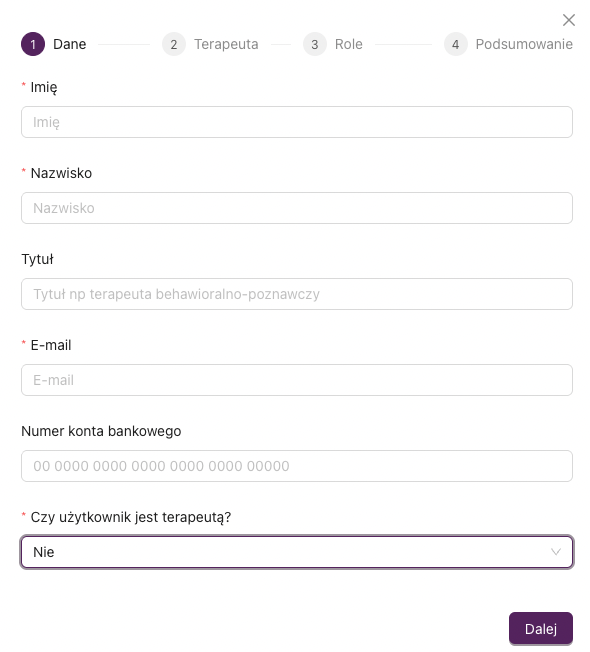 Krok 1 – formularz tworzenia konta (nie-terapeuta)