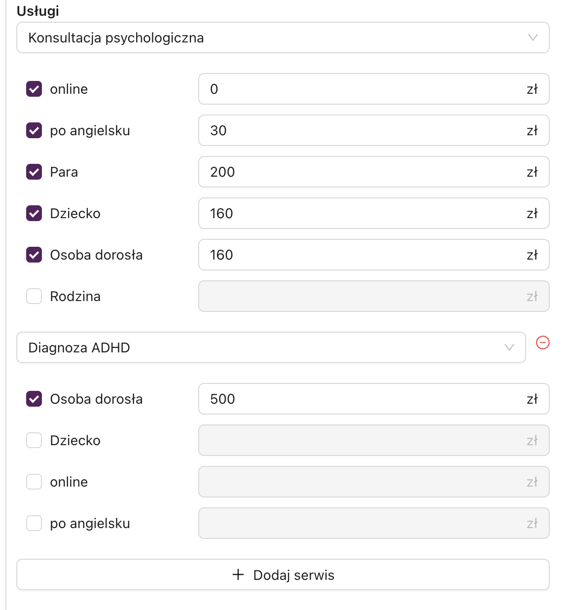 Przykład dodania usług z wariantami