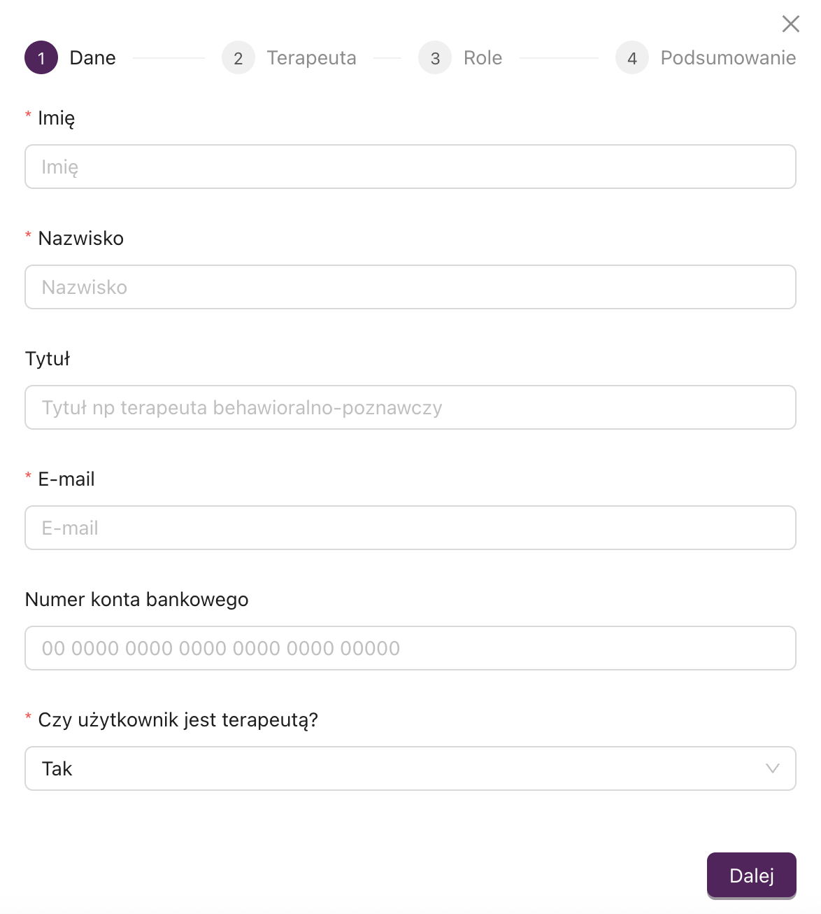 Krok 1 – formularz tworzenia konta specjalisty