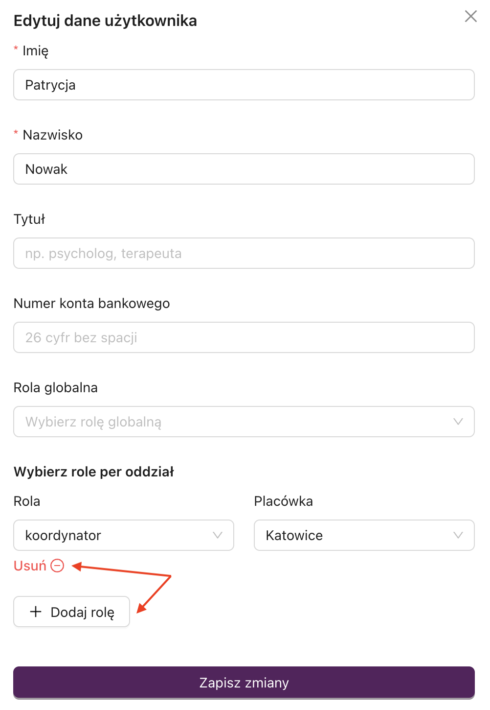 Formularz dodawania roli koordynatora