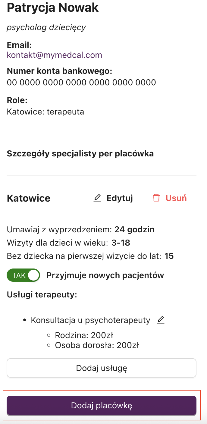 Formularz dodawania placówki