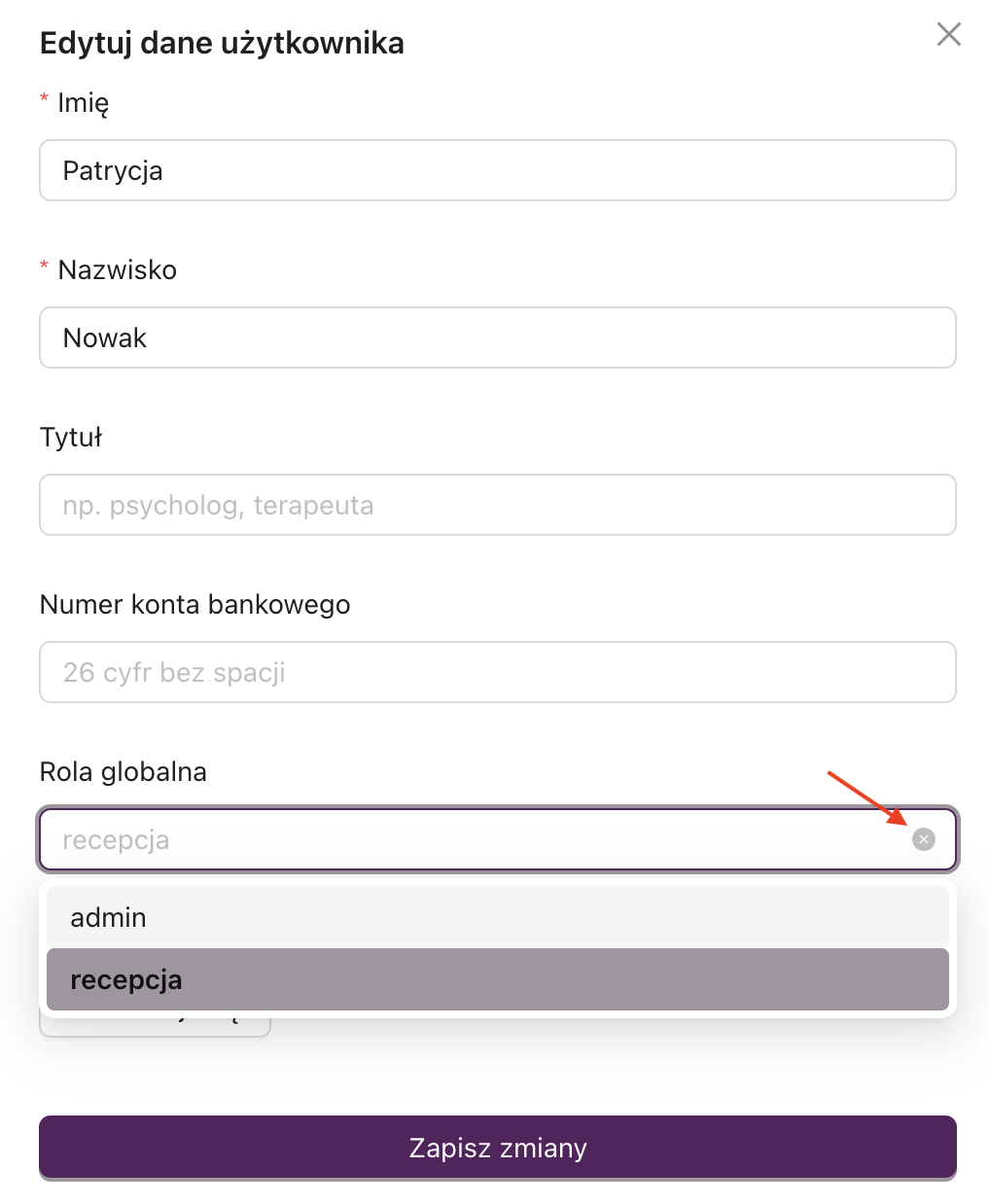 Potwierdzenie dodania roli recepcji