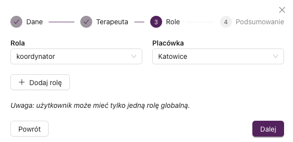 Krok 3 – wybór roli Koordynator i placówki