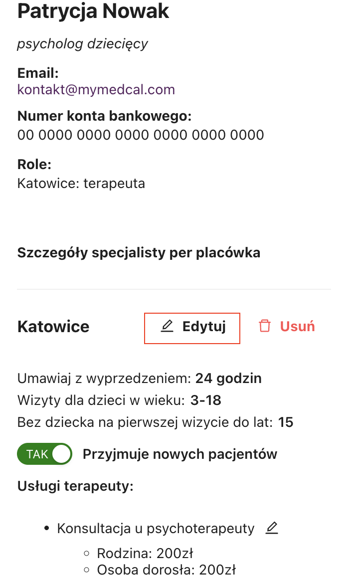 Dane specjalisty – zakładka placówki