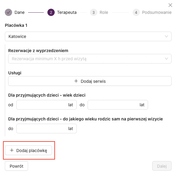 Dodawanie specjalisty do kolejnych placówek