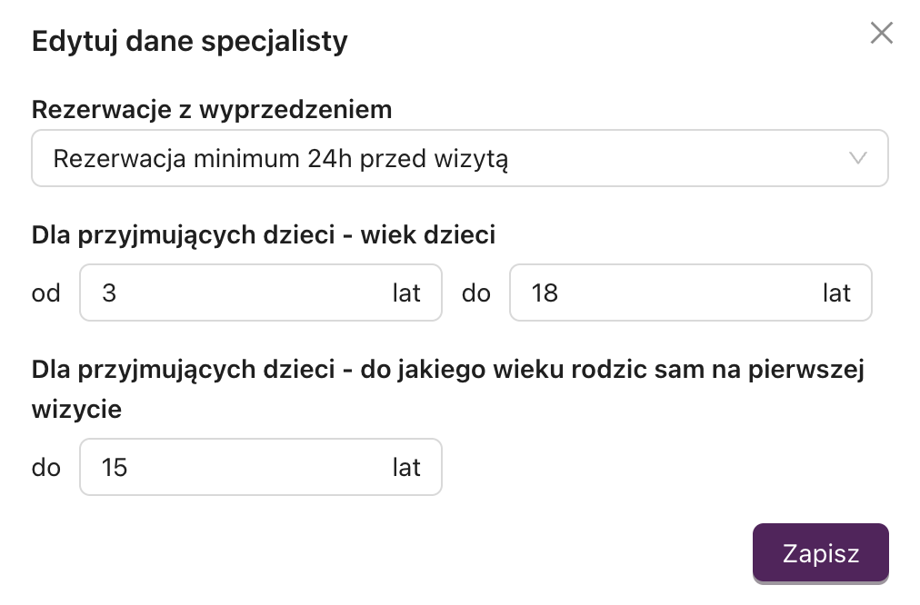 Edycja danych placówki specjalisty