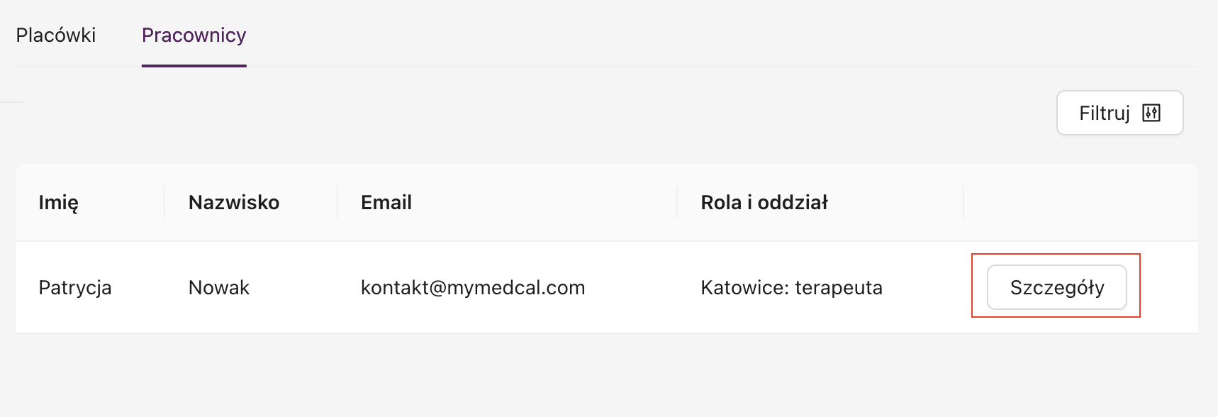Lista pracowników – zakładka Pracownicy